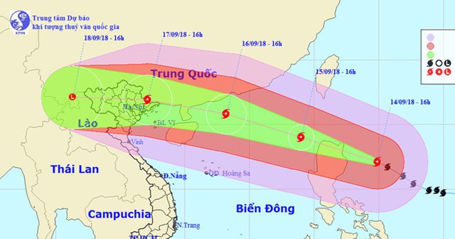 
Cơ quan khí tượng quốc gia dự báo hướng di chuyển của siêu bão Mangkhut. Ảnh: NCHMF.
