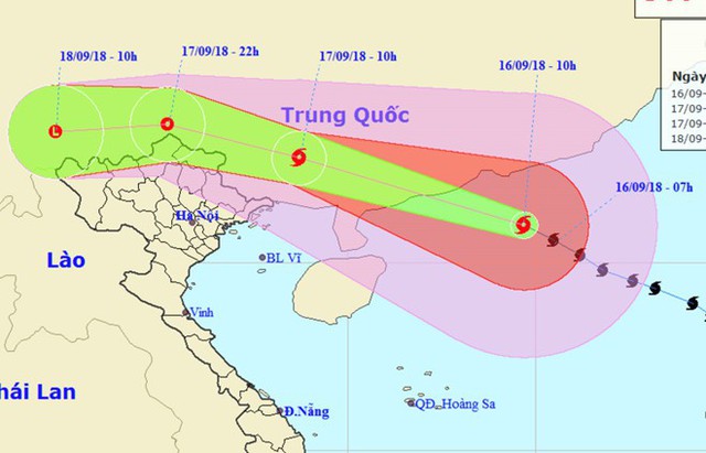 Dự b&aacute;o đường đi của b&atilde;o số 6 - Mangkhut theo bản tin trưa 16/9 của Trung t&acirc;m Dự b&aacute;o kh&iacute; tượng thủy văn quốc gia. Ảnh: NCHMF.