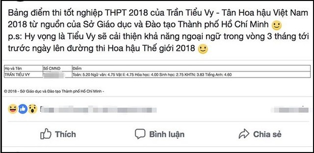 
Bảng điểm thi tốt nghiệp THPT của Hoa hậu Tiểu Vy xuất hiện trên mạng xã hội.
