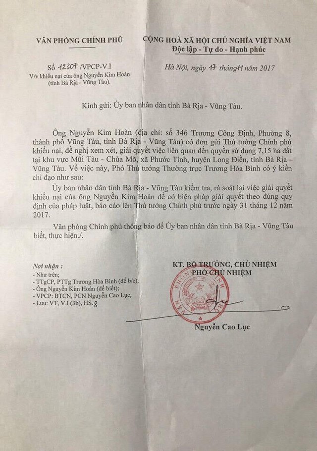 
 Văn phòng Chính Phủ đã có thông báo đề nghị UBND tỉnh Bà Rịa - Vũng Tàu giải quyết sự việc và báo cáo trước ngày 31/12/2017, nhưng đến nay vẫn chưa có thông tin chính thức&nbsp;
