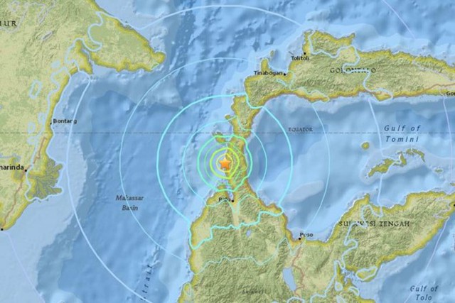 Tâm chấn vụ động đất ngày 28/9 nằm ở phía nam đảo Sulawesi, đảo lớn thứ 11 trên thế giới. Ảnh: USGS