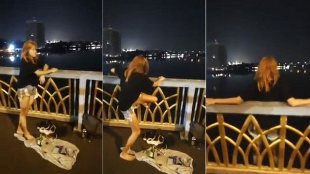 Cảnh c&ocirc; gái nhảy xu&ocirc;́ng s&ocirc;ng để tự tử v&igrave; t&igrave;nh khi&ecirc;́n nhi&ecirc;̀u người s&ocirc;́c. Ảnh: Asiaone.