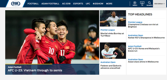 Thông tin trên trang chủ của Fox Sports Asia.