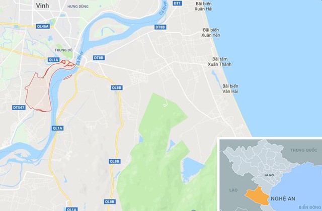 
Xã Hưng Lợi (màu đỏ) ở Nghệ An. Ảnh: Google Maps.
