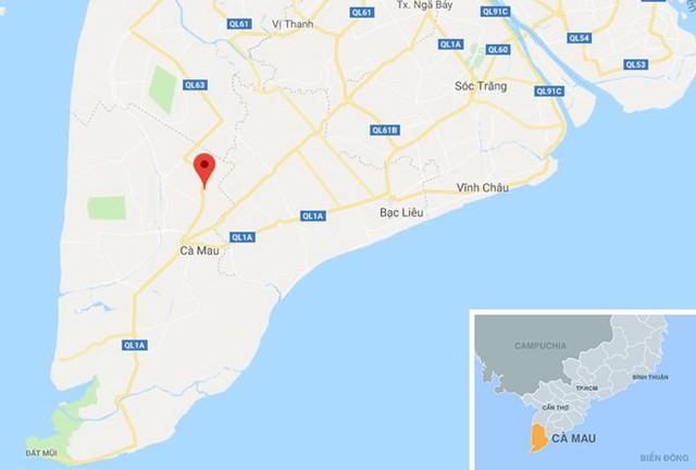 
Xã Tân Lộc ở Cà Mau (chấm đỏ), nơi xảy ra vụ việc. Ảnh: Google Maps.

