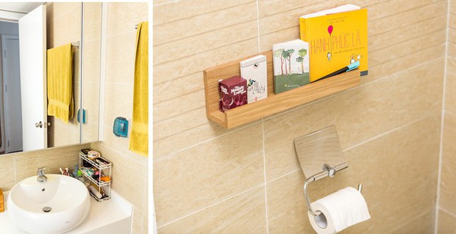 Sách là thứ hiện hữu ở mọi nơi trong nhà, cả trong toilet. Để đơn giản hóa đồ dùng, chủ nhà dùng loại giấy có thể tan trong nước. Khăn mặt được thay bằng bông tẩy trang – vừa vệ sinh cho da hơn khăn mặt truyền thống nhiều lần vừa tiết kiệm thời gian giặt, phơi.