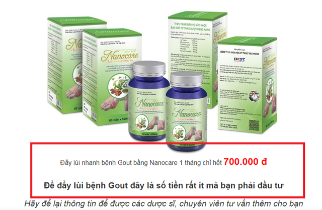 
Website trigoutnano.com quảng cáo đẩy lùi bệnh gout trong vòng 1 tháng.
