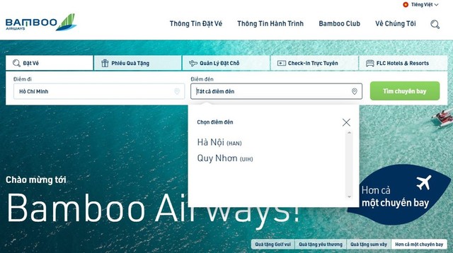 Hiện Bamboo Airways mới chỉ mở bán vé hai chặng bay đến Quy Nhơn và Hà Nội từ TP.HCM.