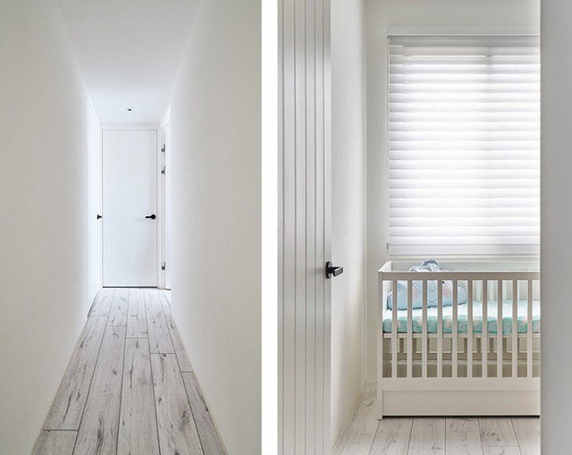 
Lối hành lang màu trắng kết hợp phòng ngủ nhỏ cho đứa con sắp chào đời của họ.
