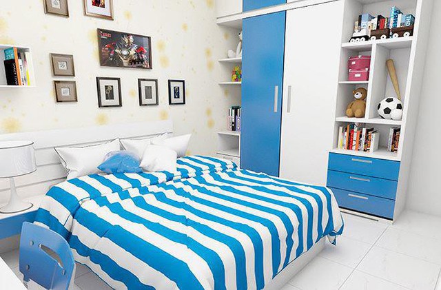 
Phòng ngủ nổi bật với mảng xanh da trời, tô nét sinh động cho căn phòng.
