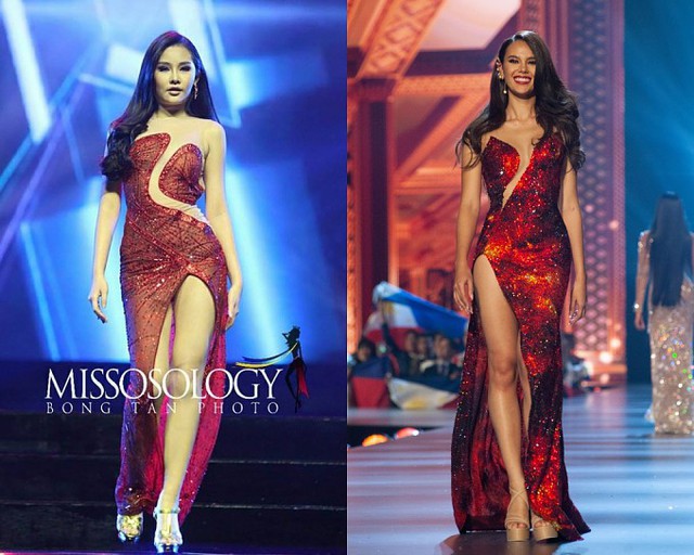 Bộ váy của Ngân Anh (trái) trong chung kết Miss Intercontinental được cho rằng sao chép từ Miss Universe.