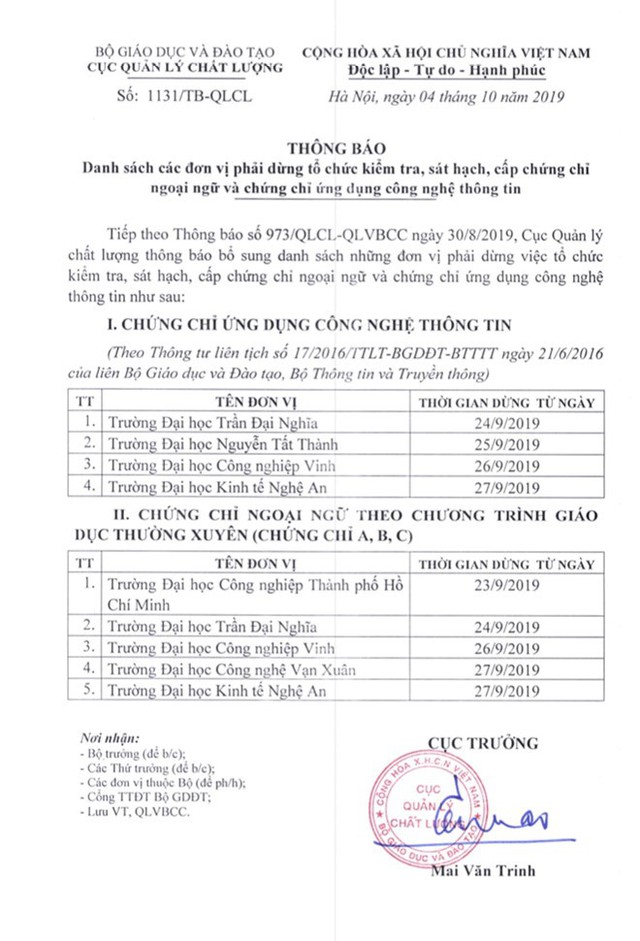 Thêm 9 trường đại học phải dừng cấp chứng chỉ ngoại ngữ, tin học - Ảnh 2. Thêm 9 trường đại học phải dừng cấp chứng chỉ ngoại ngữ, tin học - Ảnh 2.