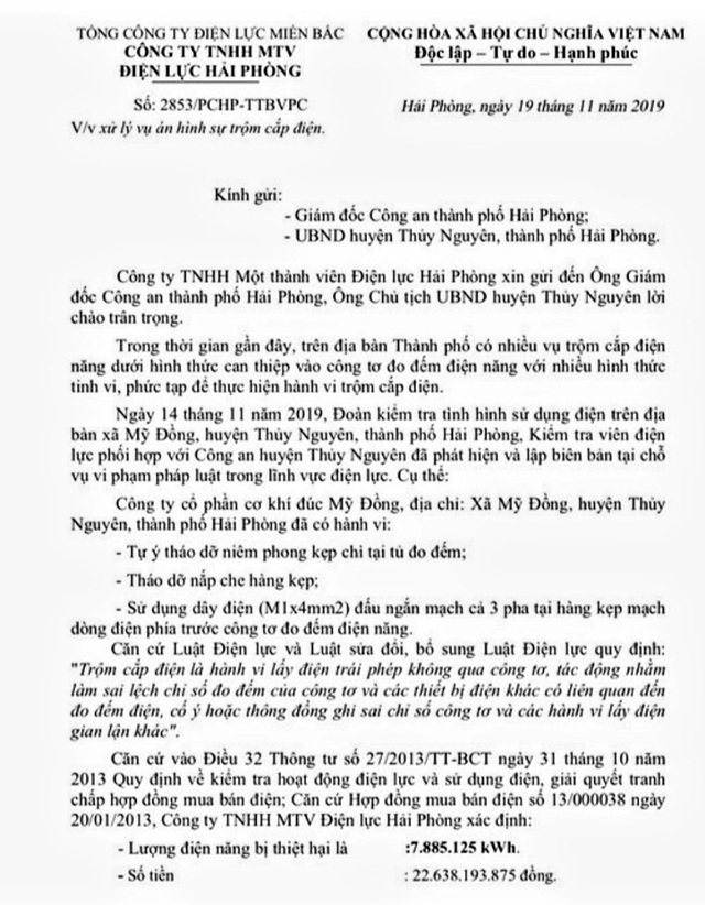 Chuyển hồ sơ vụ ăn cắp điện hơn 20 tỉ đồng ở Hải Phòng sang cơ quan điều tra - Ảnh 1.