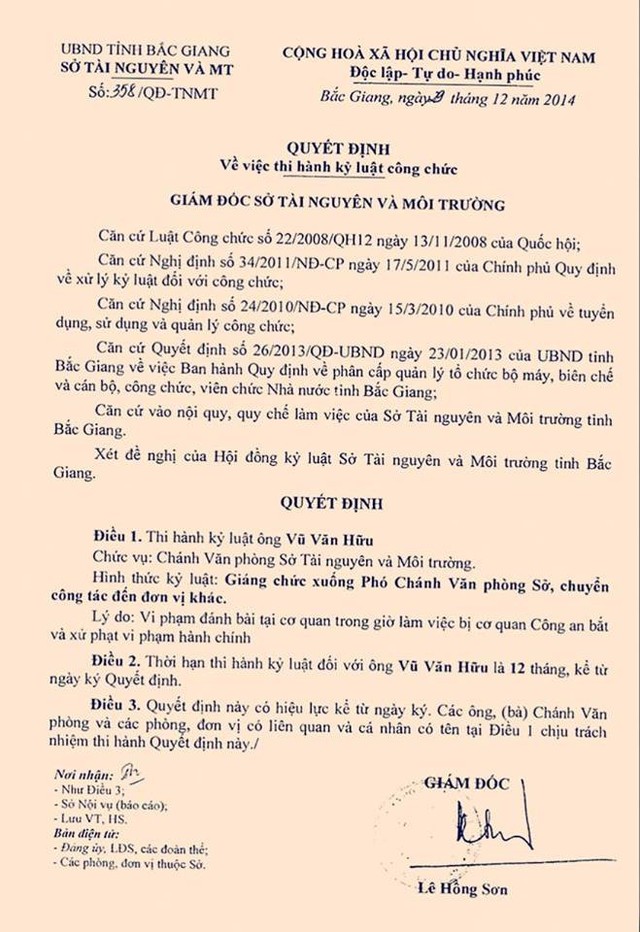 
Quyết định số 358/QĐ-TNMT về việc thi hành kỷ luật ông Vũ Văn Hữu về hành vi đánh bạc tại trụ sở cơ quan trong giờ làm việc
