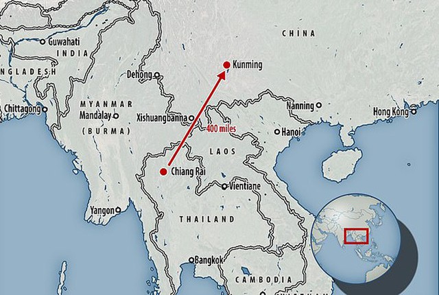 Khoảng cách từ Chiang Rai, Thái Lan, sang Côn Minh, Trung Quốc, là 400 dặm, tương đương 640 km. Ảnh: Mail.