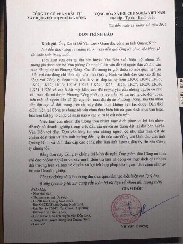 
Đơn trình báo về nhóm người giả danh được gửi tới lãnh đạo Công an tỉnh Quảng Ninh. (ảnh: HC)
