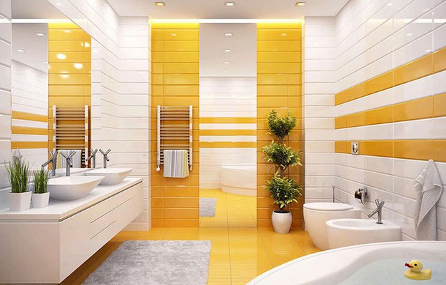 
Sử dụng đan xen giữa vàng và trắng mang đến hiệu quả thị giác đầy ấn tượng cho căn phòng tắm của gia đình.
