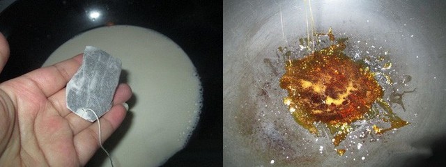 Lấy bỏ gói trà túi lọc ra khỏi nồi sữa, đổ trà sữa vào chảo caramel. Đun nhỏ lửa và khuấy đều cho tan. Sau đó thêm vài giọt tinh chất vani vào nồi trà sữa.