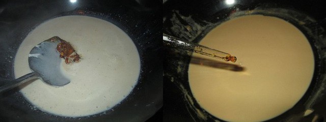 Cho bột báng vào nồi nước đun sôi, luộc cho bột chuyển màu trong thì vớt ra cho vào nồi trà sữa là xong. Lấy trà sữa caramel bột báng ra ly rồi thưởng thức.