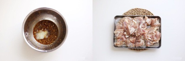 Cho thịt gà vào bát xốt gia vị rồi trộn đều. Ướp thịt gà trong xốt gia vị khoảng 30 phút. Gà sau khi ướp thêm ớt sừng thái lát vào trộn chung.