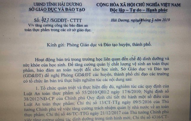 
Công văn của Sở Giáo dục và Đào tạo tỉnh Hải Dương về việc tăng cường công tác an toàn thực phẩm trong các cơ sở giáo dục. Ảnh: Đ.Tùy
