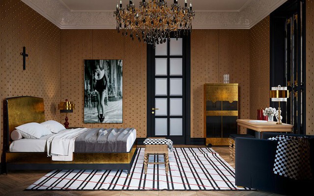 
Phòng ngủ được đính vàng xung quanh căn phòng, cùng chiếc đèn chùm nổi bật làm từ vàng và thạch anh đen.
