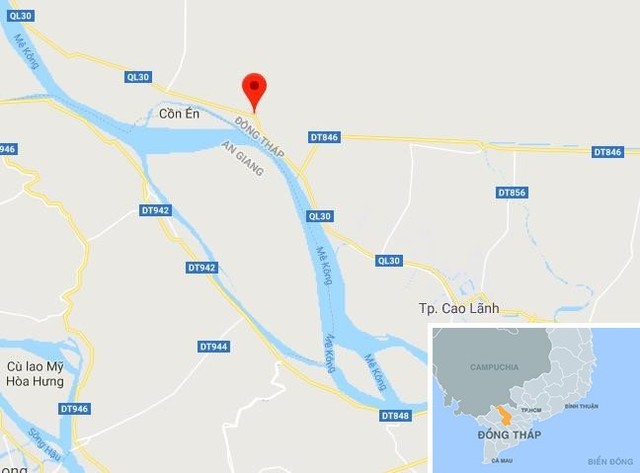 
Quốc lộ 30 (chấm đỏ), qua xã Bình Thành khiến 3 người chết. Ảnh: Google Maps.
