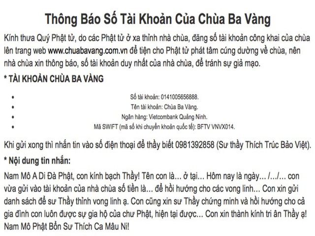 
Tài khoản của chùa Ba Vàng được thông báo công khai. Ảnh chụp ngày 21/3 từ web nhà chùa.

