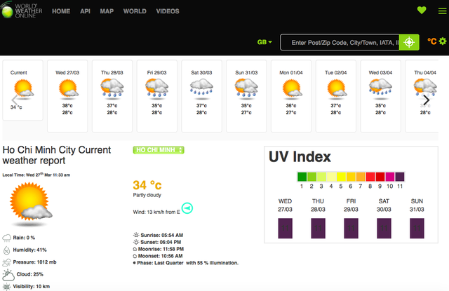
Trang Weatheronline cho thấy chỉ số tia UV ở TPHCM trong những ngày này luôn ở mức 11 (ảnh chụp màn hình).

