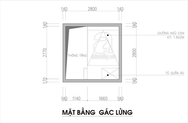 
Mặt bằng gác lửng, giường ngủ của 2 con.
