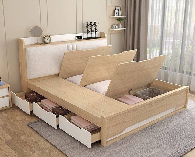 
Với diện tích phòng eo hẹp việc sử dụng giường có ngăn kéo để đồ là rất tiện dụng.
