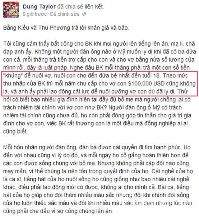 Dũng Taylor tiết lộ Bằng Kiều trợ cấp hơn 2 tỷ mỗi năm cho con và vợ cũ.