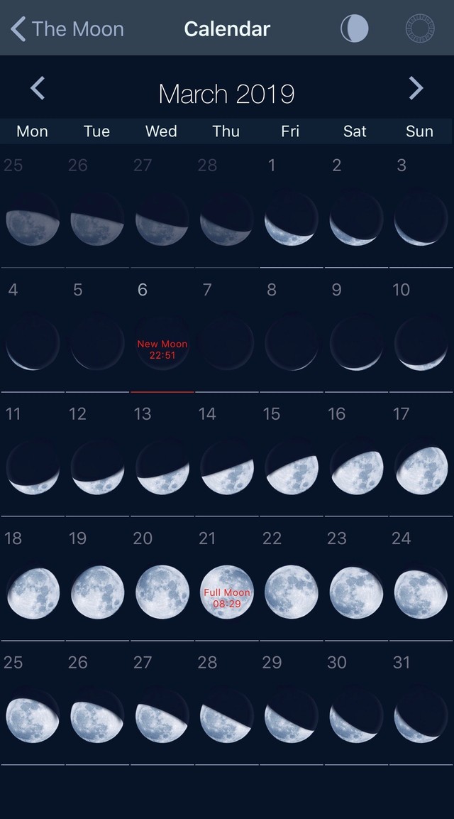 Lịch pha mặt trăng tháng Ba theo phần mềm The Moon , ngày Rằm tháng 2 là full moon tức là 21/3/2019 dương lịch hoàn toàn trùng khớp với lịch Vạn niên và theo Lịch lưu hành hiện nay là ngày 20/3/2019. 