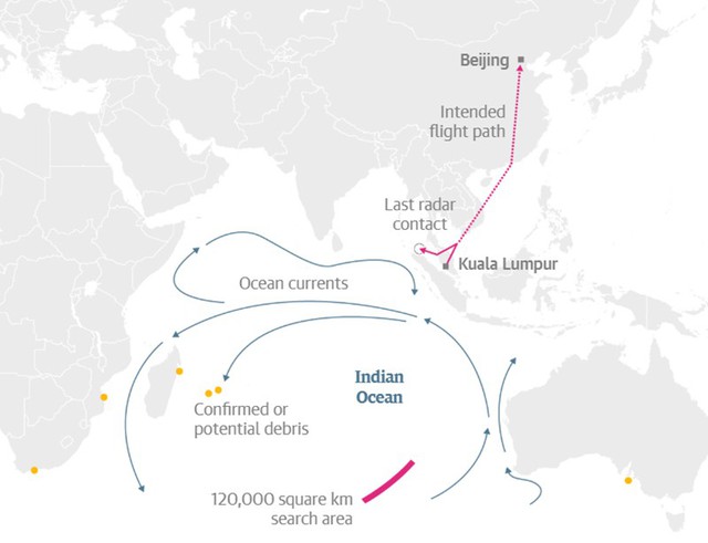 Đường bay khả dĩ của MH370 sau khi mất tín hiệu (Đồ họa: The Guardian)