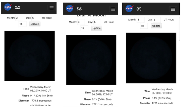 Tại các giờ UTC: 16-17-18, pha mặt Trăng đều là 0.1%