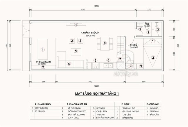 
Mặt bằng bố trí nội thất tầng 1.
