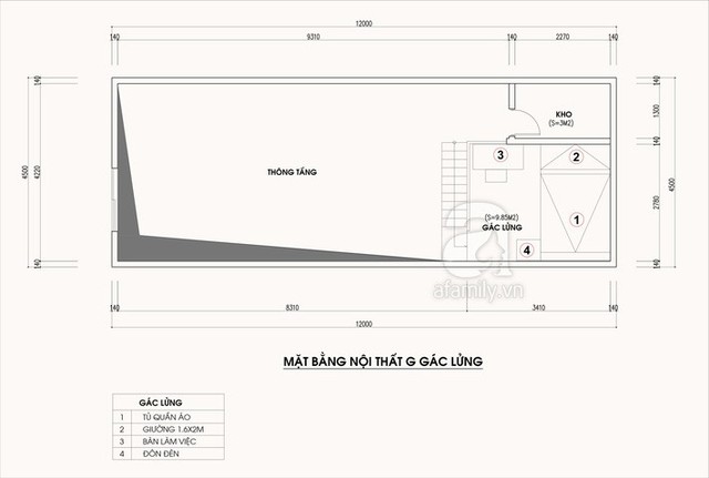 
Mặt bằng bố trí nội thất gác lửng.
