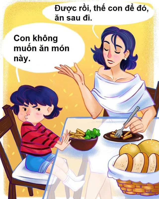 Đối phó trẻ kén ăn: Ăn uống là nhu cầu cơ bản của con người. Trẻ sẽ tự cho người lớn biết chúng muốn ăn khi nào, bao nhiêu. Đừng ngại để con đói vì nó giúp chúng thiện cảm với thức ăn. Cho trẻ tham gia vào quá trình mua thực phẩm, nấu ăn cũng là cách tốt để đối phó với chứng biếng ăn.