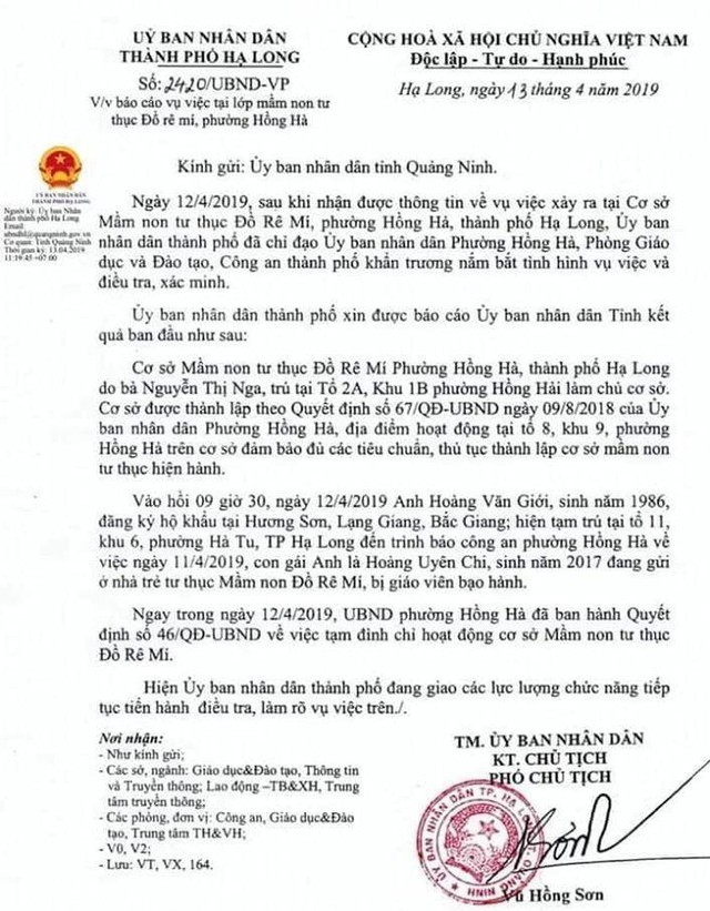 
Báo cáo vụ việc của TP. Hạ Long gửi UBND tỉnh Quảng Ninh. Ảnh: TL

