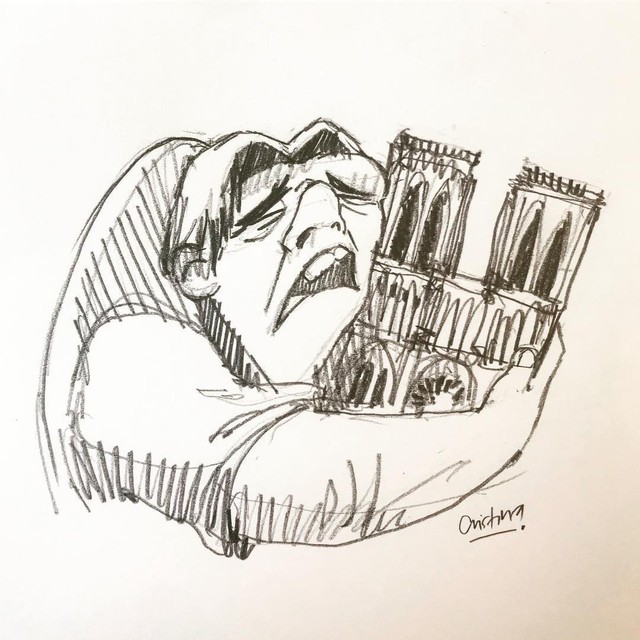 Hình vẽ Quasimodo vòng tay ôm lấy Nhà thờ Đức bà Paris đang được chia sẻ mạnh trên MXH (nguồn: Instagram @dibujosdecristina)