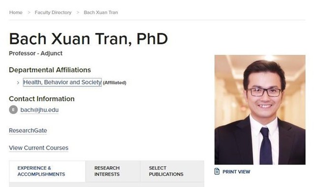 Thông tin về TS Trần Xuân Bách trên website ĐH Johns Hopkins. Ảnh chụp màn hình.