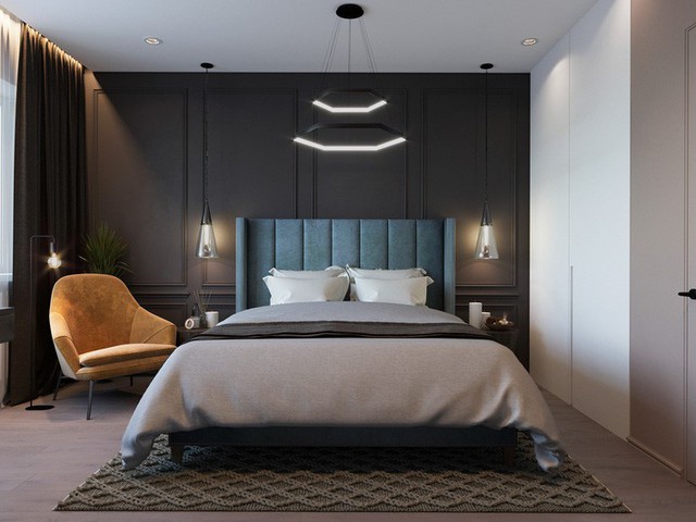 
Phòng ngủ master với gam màu trầm với những điểm nhấn ấn tượng.
