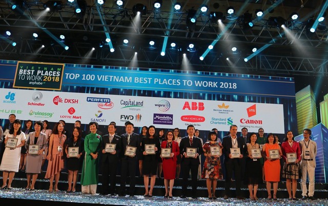 Ông Đào Quốc Trung – Phó Tổng Giám đốc Phụ trách Kênh Phân phối Mở rộng, Công ty BHNT Dai-ichi Việt Nam (thứ 7, phải qua, hàng trước) nhận chứng nhận “Top 3 Nơi làm việc tốt nhất Việt Nam 2018” trong ngành bảo hiểm