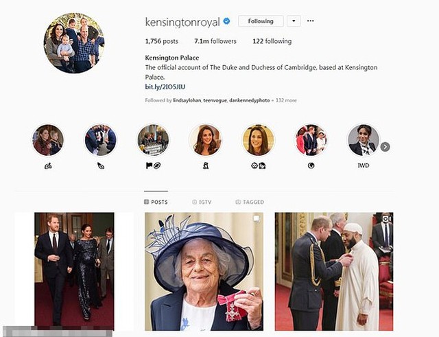 Trang Instagram của Điện Kensington.