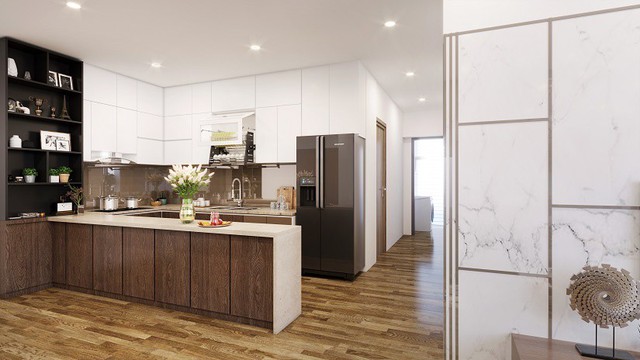 Nhà bếp được thiết kế thông với phòng khách nhằm tối ưu diện tích mà vẫn đảm bảo được công năng sử dụng