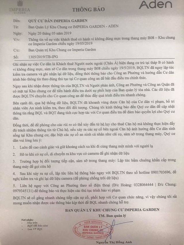 
Thông báo của ban quản lý tòa nhà gửi tới cư dân.
