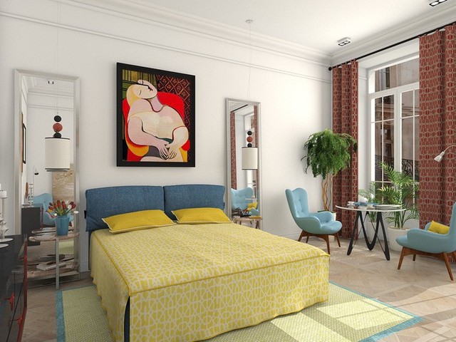 
Phòng ngủ thứ nhất này theo phong cách cổ điển và chiết trung, được thiết kế cho một cặp vợ chồng trẻ thích sưu tầm nghệ thuật. Kết hợp các tác phẩm nghệ thuật với gam màu xám hoặc màu tự nhiên là một cách vô cùng dễ dàng nhưng họ lại chọn những màu sáng – gam màu thường được nghệ sỹ yêu thích của họ lựa chọn – nghệ sĩ Picasso.
