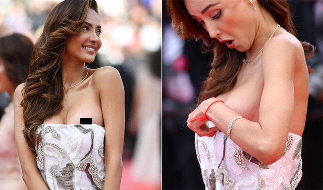 
Nữ diễn viên Mexico, Patricia Contreras, hoảng hốt khi phát hiện bị tuột váy trên thảm đỏ Cannes 2018.

