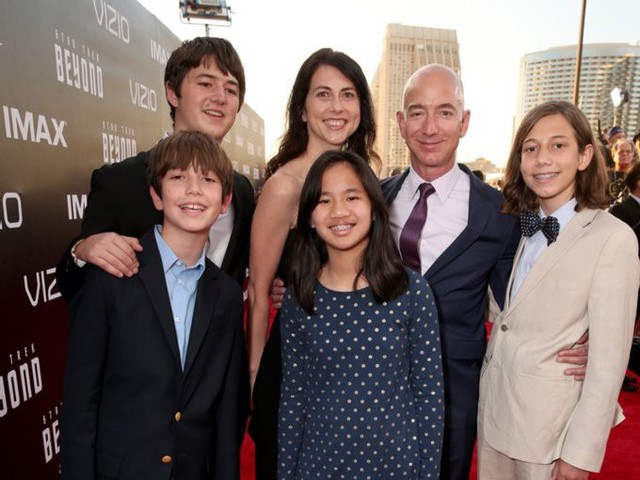 Tỷ phú giàu nhất thế giới Jeff Bezos có 4 người con với vợ cũ MacKenzie Bezos, gồm 3 con trai và một con gái nuôi. Tháng 4/2014, hai vợ chồng Bezos hoàn tất thủ tục ly hôn. Jeff Bezos có tài sản ròng trị giá 156,7 tỷ USD. Sau khi ly hôn, MacKenzie Bezos sở hữu 36,7 tỷ USD, nhờ 25% cổ phiếu Amazon.