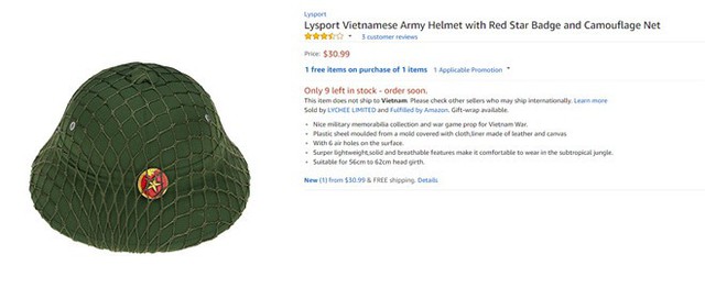 
Chiếc mũ cối của lực lượng vũ trang Việt Nam cũng được bán kèm với lưới ngụy trang và có giá 30,99 USD một chiếc, quy ra tiền Việt khoảng 700.000 đồng.
